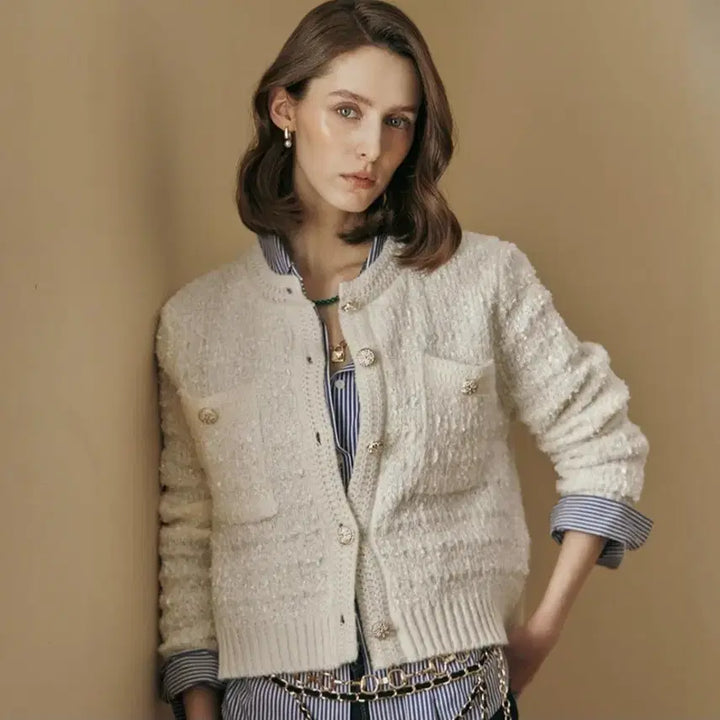 [BUNJANG] MAXZA Tweed Tape Flower Button Cardigan / 새제품, MAXZA 트위드 테잎사 꽃단추 가디건