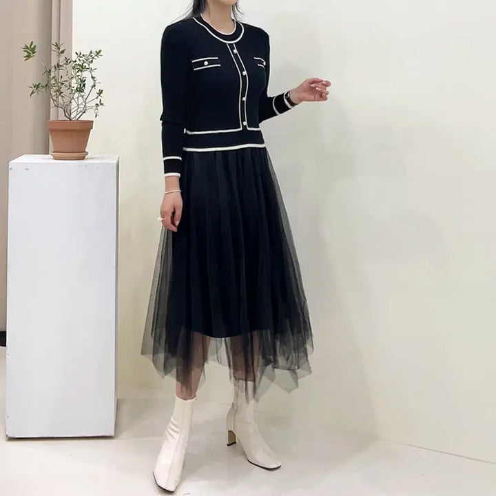 [BUNJANG] Color Block Knit Skirt Mix Asymmetrical Dress / [새상품] 배색 니트 샤 스커트 믹스 언발 원피스 봄 출근룩 모임룩