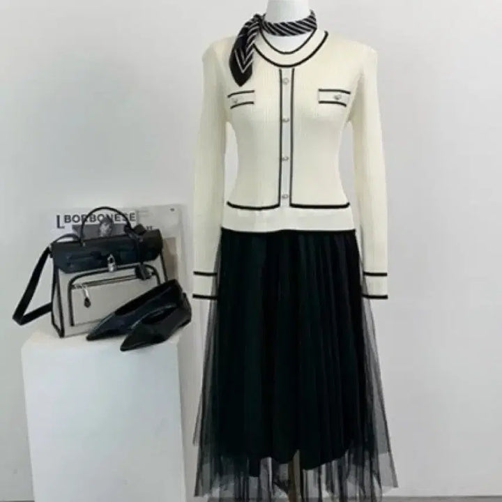 [BUNJANG] Color Block Knit Skirt Mix Asymmetrical Dress / [새상품] 배색 니트 샤 스커트 믹스 언발 원피스 봄 출근룩 모임룩