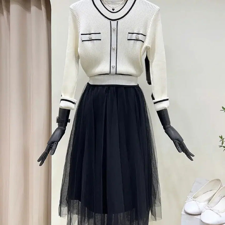 [BUNJANG] Color Block Knit Skirt Mix Asymmetrical Dress / [새상품] 배색 니트 샤 스커트 믹스 언발 원피스 봄 출근룩 모임룩