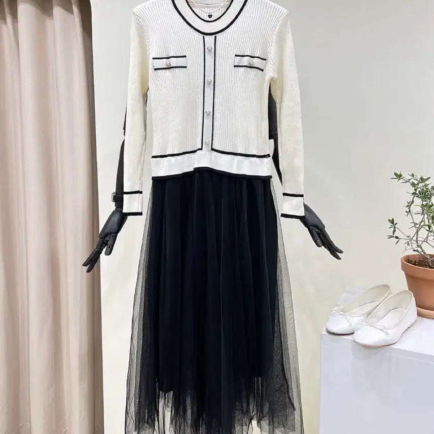 [BUNJANG] Color Block Knit Skirt Mix Asymmetrical Dress / [새상품] 배색 니트 샤 스커트 믹스 언발 원피스 봄 출근룩 모임룩