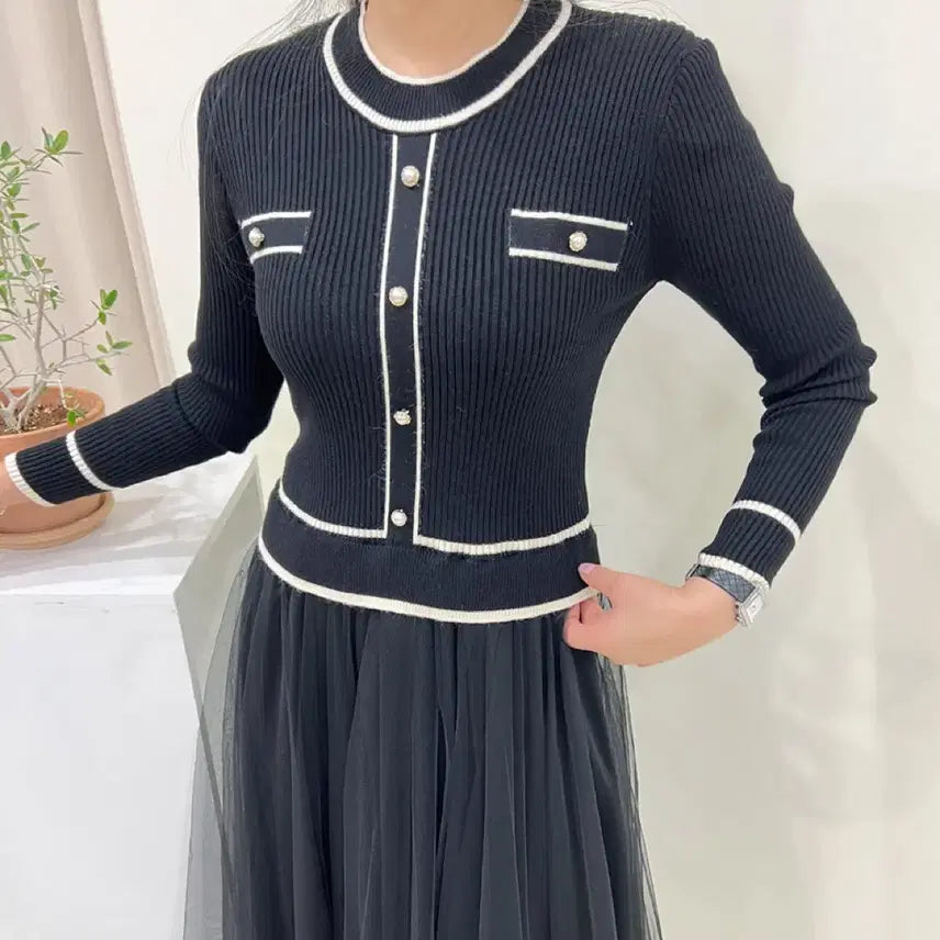 [BUNJANG] Color Block Knit Skirt Mix Asymmetrical Dress / [새상품] 배색 니트 샤 스커트 믹스 언발 원피스 봄 출근룩 모임룩
