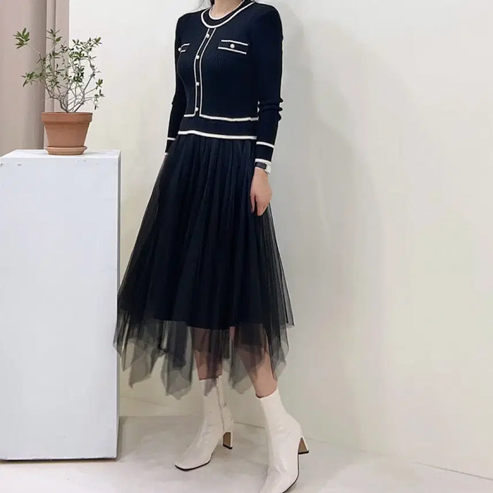 [BUNJANG] Color Block Knit Skirt Mix Asymmetrical Dress / [새상품] 배색 니트 샤 스커트 믹스 언발 원피스 봄 출근룩 모임룩