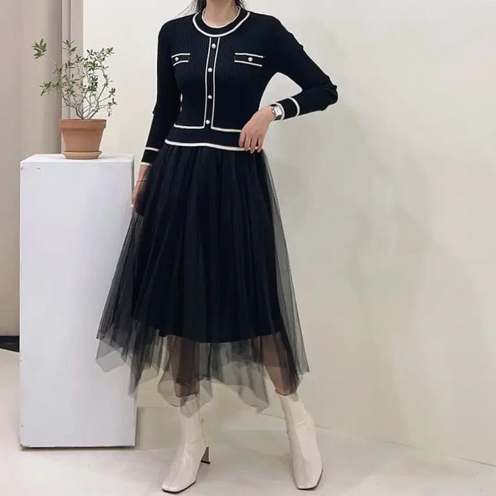[BUNJANG] Color Block Knit Skirt Mix Asymmetrical Dress / [새상품] 배색 니트 샤 스커트 믹스 언발 원피스 봄 출근룩 모임룩