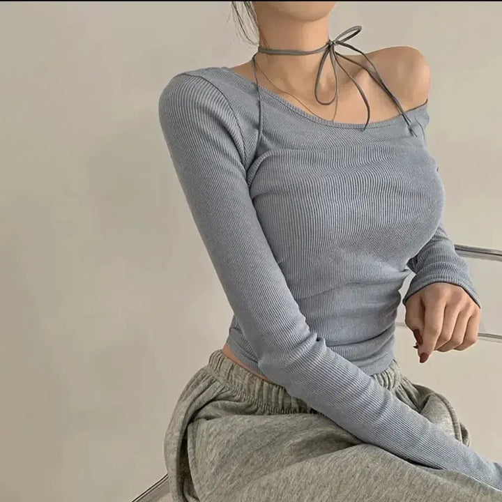 [BUNJANG] Daily More Shoulder Slit Ribbon Long Sleeve T-shirt (Sky Blue) / 데일리모어 숄더 트임 리본 긴팔 티셔츠 (하늘색)