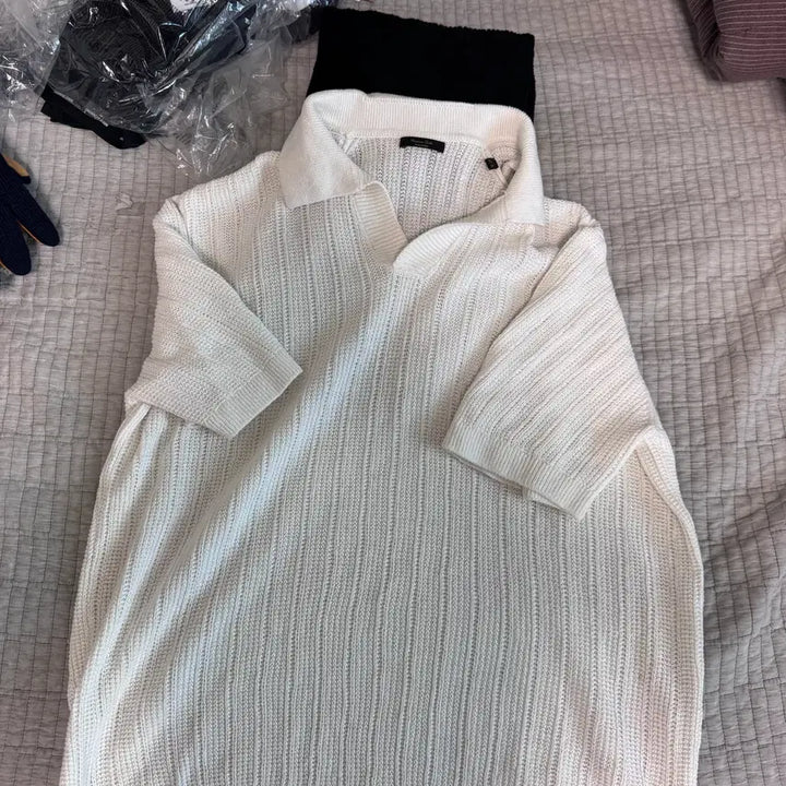 [SOLD OUT] 마시모두띠 / 쇼트 슬리브 리브드 폴로 스웨터 화이트 / XL