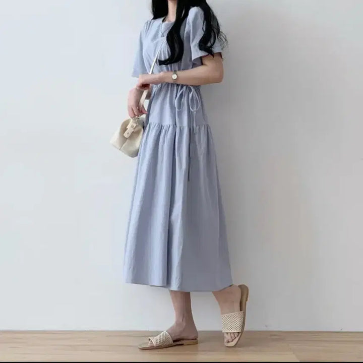 [BUNJANG] Bliss Long Dress Sky Blue / 에이블리 지그재그 블리즈 롱원피스 소라색 허리 스트링