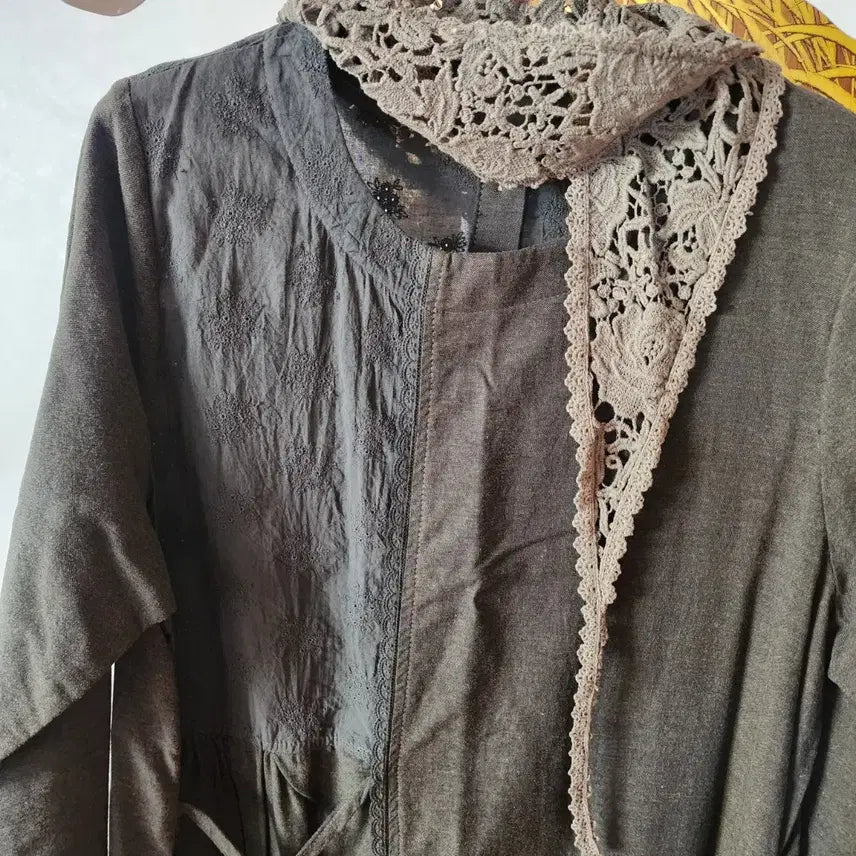 [BUNJANG] Bohemian Long Khaki Dress / 보헤미안 스카프 롱 카키 원피스