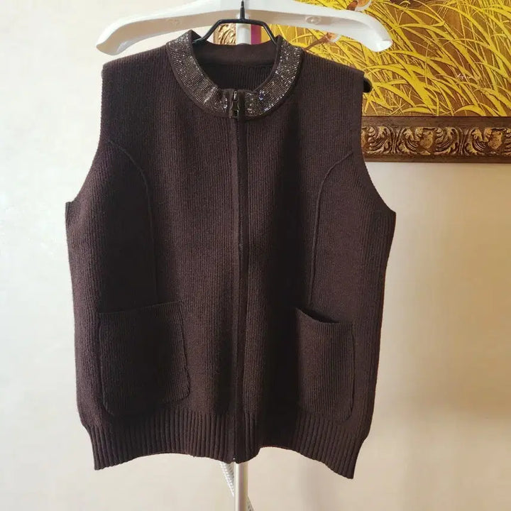 [BUNJANG] Sequin Detail Brown Knit Vest Zip-Up / 스팽글 포인트 갈색 니트 조끼 집업 미착용