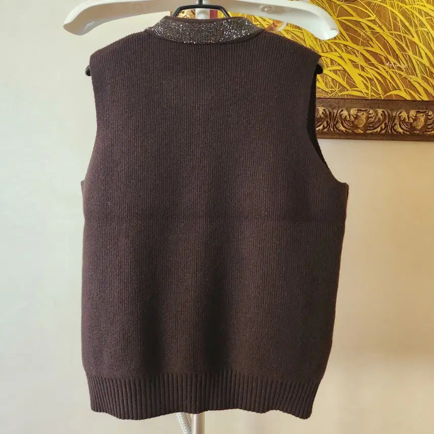 [BUNJANG] Sequin Detail Brown Knit Vest Zip-Up / 스팽글 포인트 갈색 니트 조끼 집업 미착용
