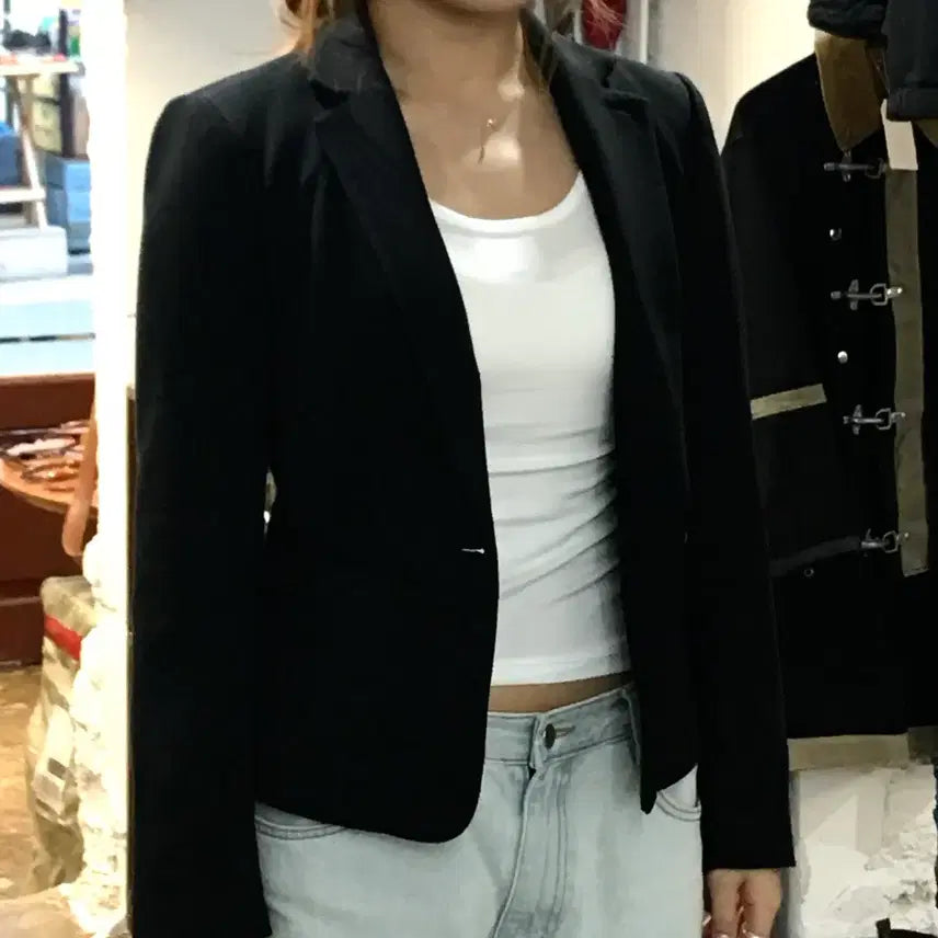 [BUNJANG] Armani Exchange Black One-Button Blazer Jacket (Women's Size 44) / 아르마니 익스체인지 블랙 원버튼 블레이저 자켓 여성 44 사이즈
