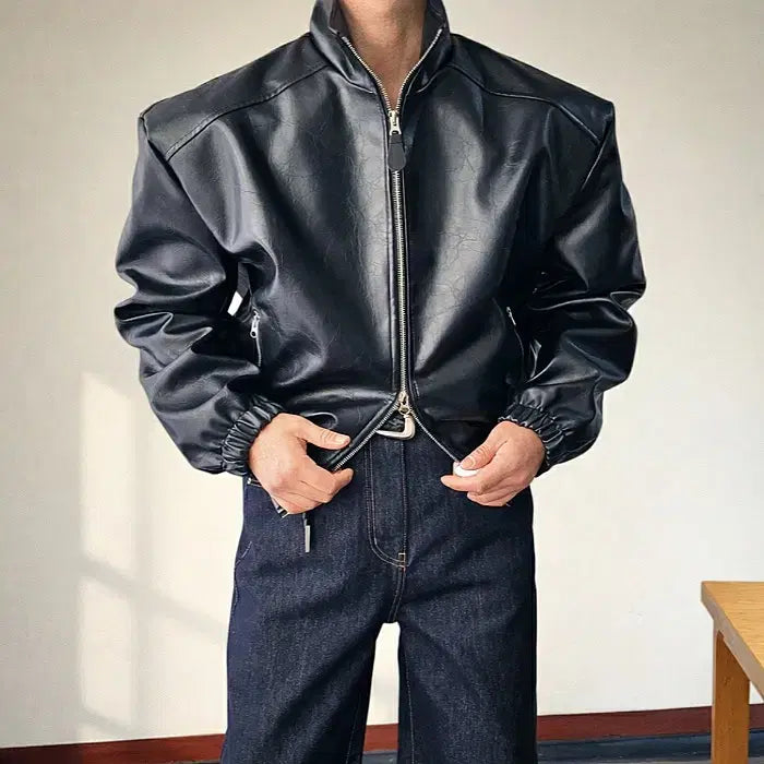 [BUNJANG] Man Biker Leather Crop Jacket / 남자 바이커 레더 가죽 크롭 자켓 2컬러