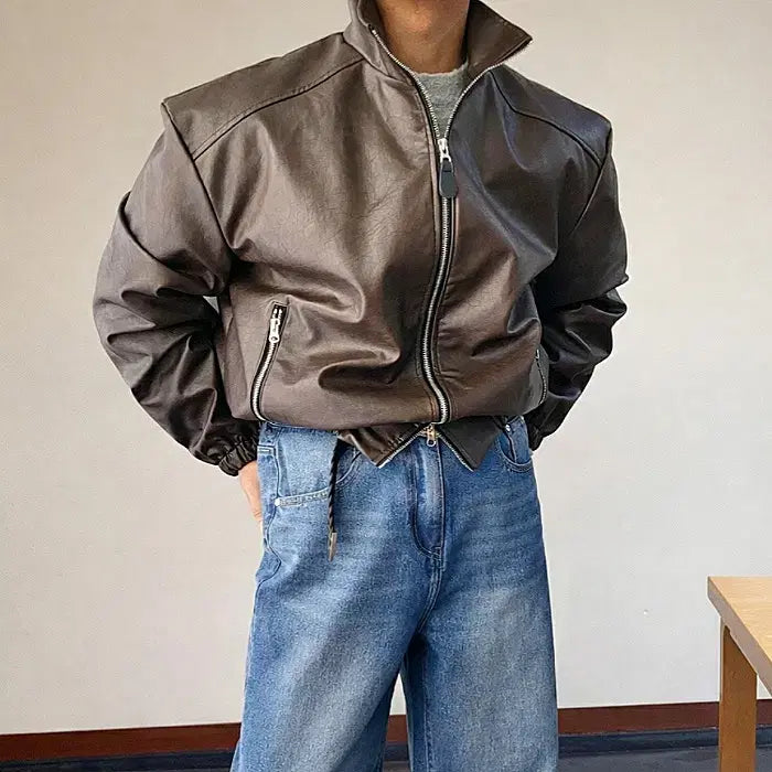 [BUNJANG] Man Biker Leather Crop Jacket / 남자 바이커 레더 가죽 크롭 자켓 2컬러