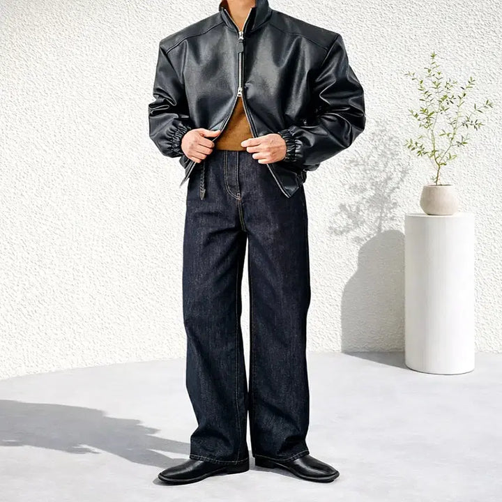 [BUNJANG] Man Biker Leather Crop Jacket / 남자 바이커 레더 가죽 크롭 자켓 2컬러