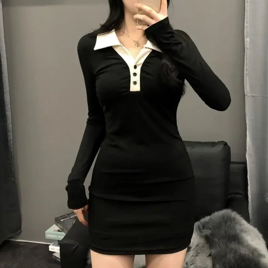 [BUNJANG] Black Mini Dress (Slim Fit) - Size M / 카라넥 슬림핏 블랙 미니 원피스 M