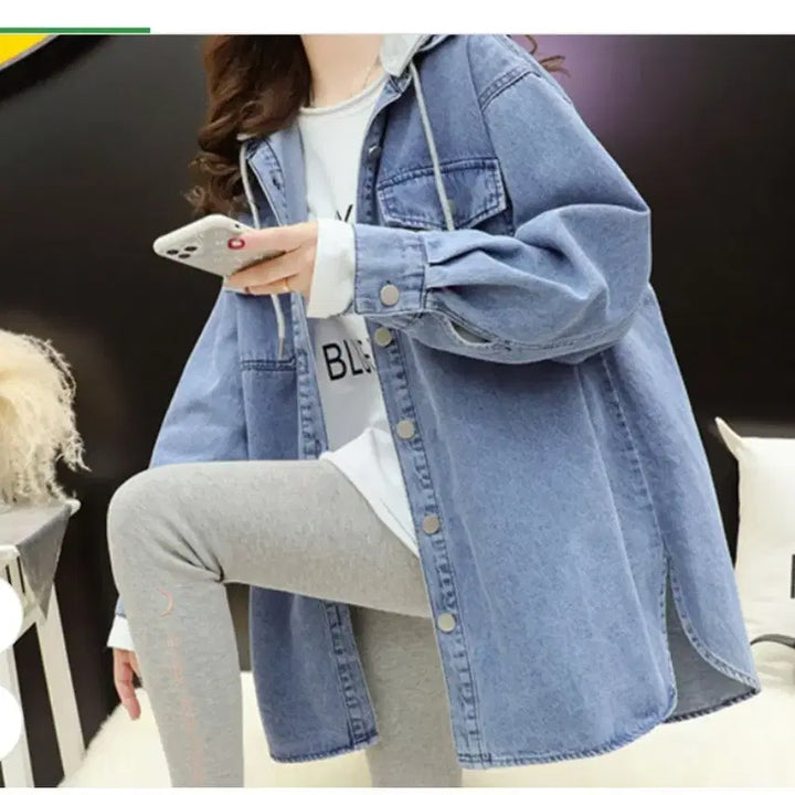 [BUNJANG] Oversized Denim Jacket Long Shirt / @ 간절기 후드  데님 자켓 오버핏 롱셔츠
