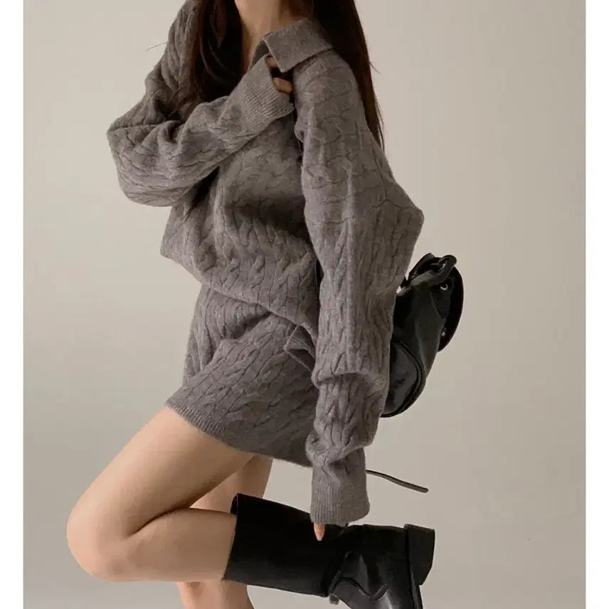 [BUNJANG] Knit Shorts Set Grey / 니트 반바지 셋업 세트 그레이