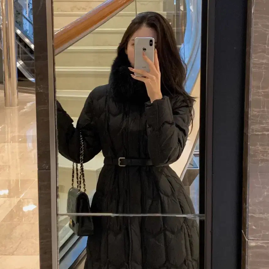 [BUNJANG] Benito Quilted Black Fur Collar Long Padded Coat / 베니토 퀄팅 블랙 퍼 카라 롱 패딩 벨트 세트