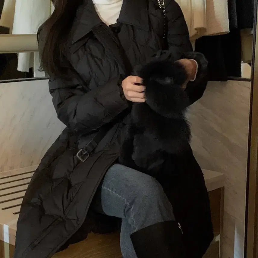 [BUNJANG] Benito Quilted Black Fur Collar Long Padded Coat / 베니토 퀄팅 블랙 퍼 카라 롱 패딩 벨트 세트