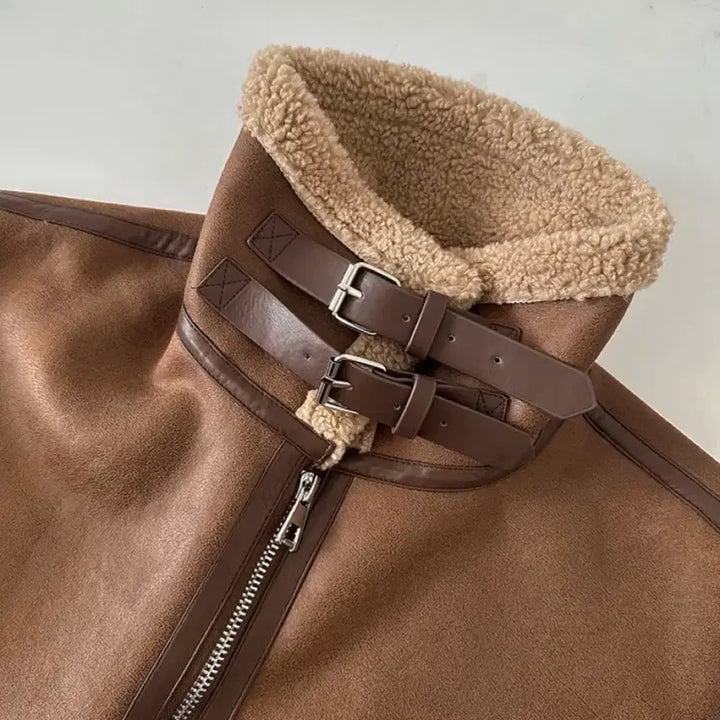 [BUNJANG] Buckle Detail Faux Shearling Jacket - Brown / 버클 무스탕 자켓 브라운