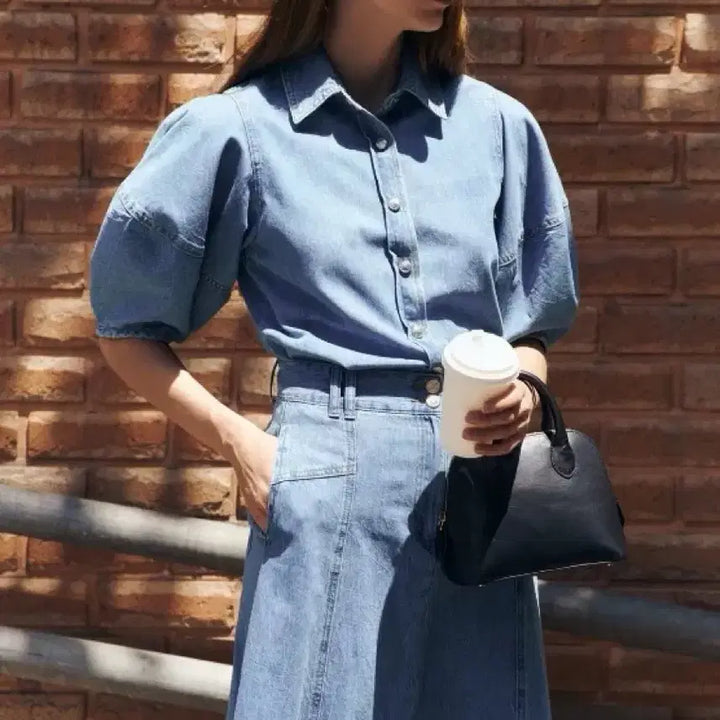 [BUNJANG] Missa Denim Two-Piece Set / 미샤 데님 반팔 셔츠 블라우스+롱스커트