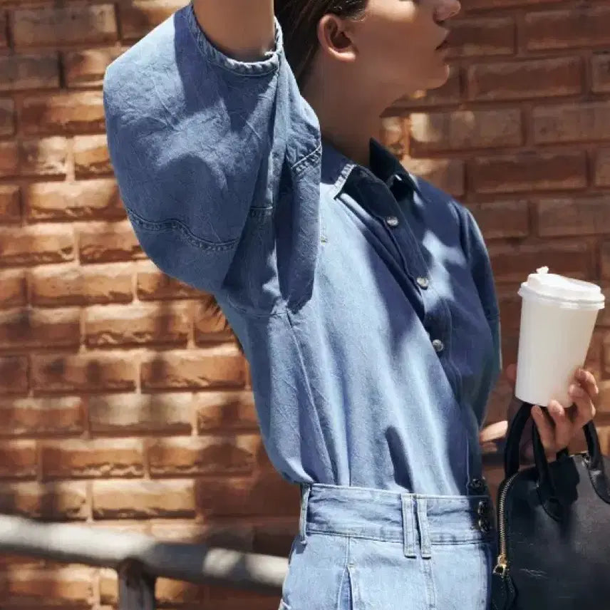 [BUNJANG] Missa Denim Two-Piece Set / 미샤 데님 반팔 셔츠 블라우스+롱스커트