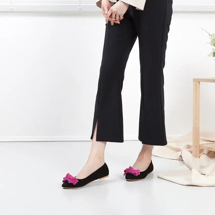 [BUNJANG] Ribbon Flat Shoes (Black + Hot Pink) Suede Flat Shoes / [새상품] 리본플랫 5종 블랙+핫핑크 스웨이드 플랫슈즈