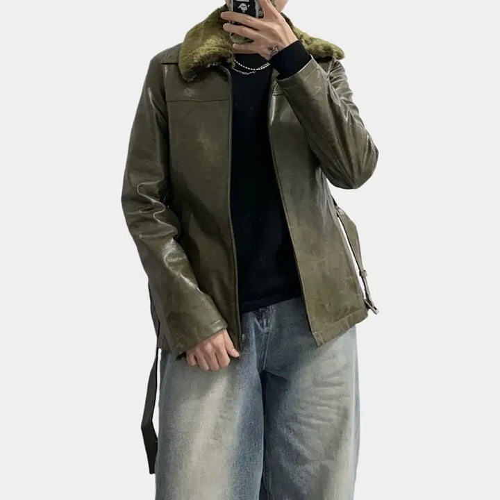 [BUNJANG] MK Klein Faux Leather Fur Jacket - Japanese Vintage / MK klein 페이크 레더 퍼 자켓 일본빈티지