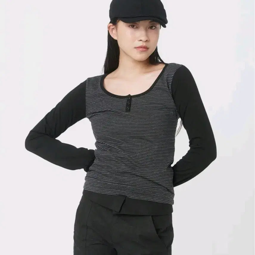 [BUNJANG] Miseki Seoul Henley Neck Long Sleeves Stripe Top / 미세키 서울 Henley neck long sleeves STRIPE 2