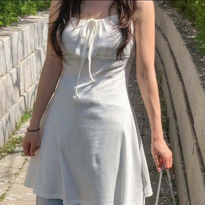 [BUNJANG] DearbyMe White Knit Mini Dress / 디어바이미 화이트 끈 원피스 니트 미니 원피스