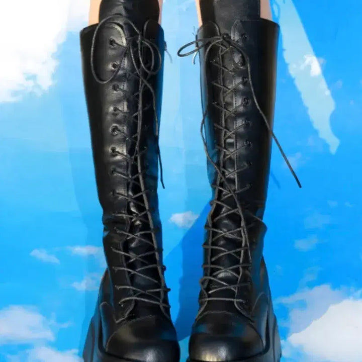 [BUNJANG] Black Lace-Up Long Boots / 블랙 레이스업 롱부츠 240, 굽 9cm (원가 ₩65,000)