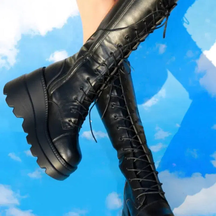 [BUNJANG] Black Lace-Up Long Boots / 블랙 레이스업 롱부츠 240, 굽 9cm (원가 ₩65,000)