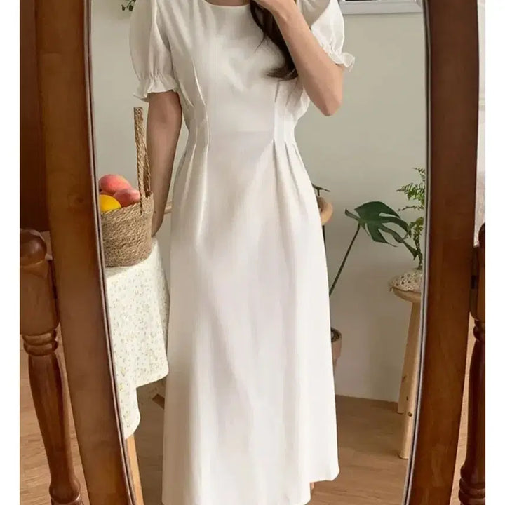 [BUNJANG] White Puff Sleeve Long Dress / 화이트 퍼프 반팔 롱 원피스