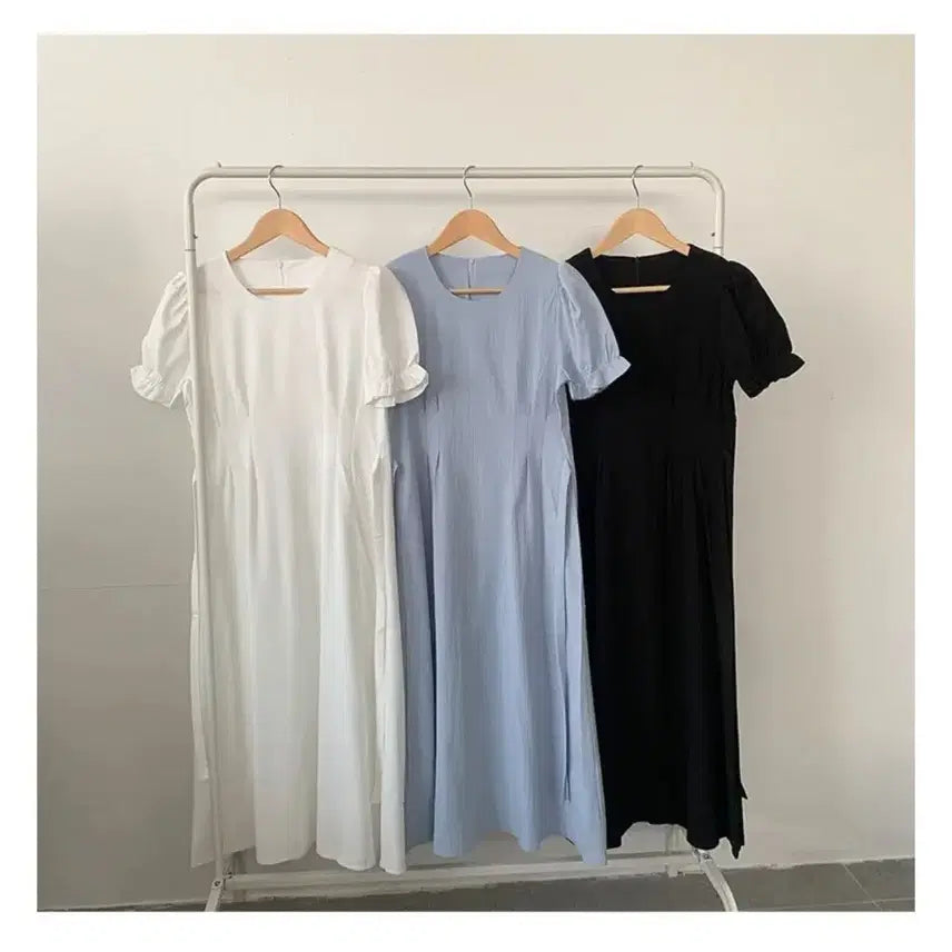 [BUNJANG] White Puff Sleeve Long Dress / 화이트 퍼프 반팔 롱 원피스