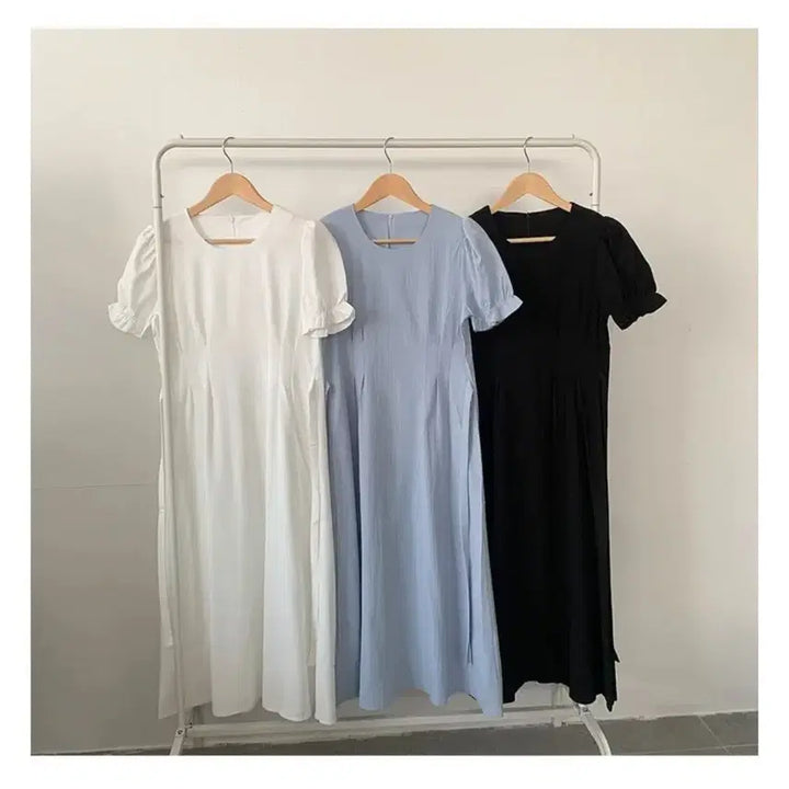 [BUNJANG] White Puff Sleeve Long Dress / 화이트 퍼프 반팔 롱 원피스