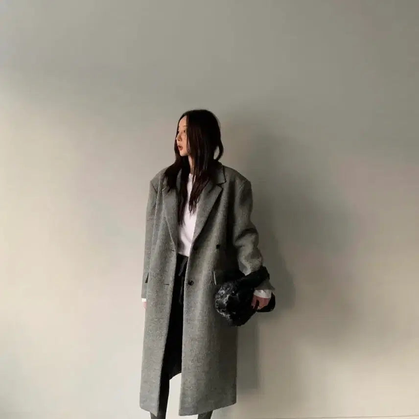 [BUNJANG] Maxi Wool 100% Terry Color Block Oversized Winter Long Coat / 맥시 울 100% 테리 배색포인트 오버핏 한겨울 롱코트 그레이 새상품