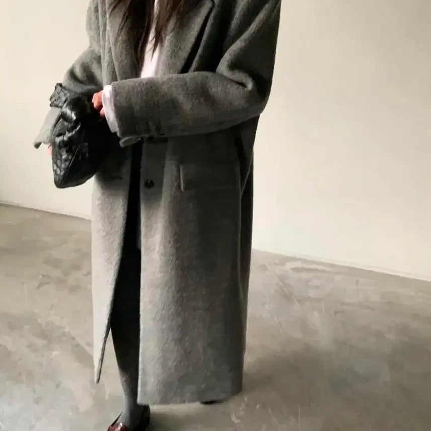 [BUNJANG] Maxi Wool 100% Terry Color Block Oversized Winter Long Coat / 맥시 울 100% 테리 배색포인트 오버핏 한겨울 롱코트 그레이 새상품