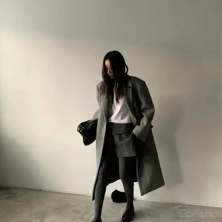[BUNJANG] Maxi Wool 100% Terry Color Block Oversized Winter Long Coat / 맥시 울 100% 테리 배색포인트 오버핏 한겨울 롱코트 그레이 새상품