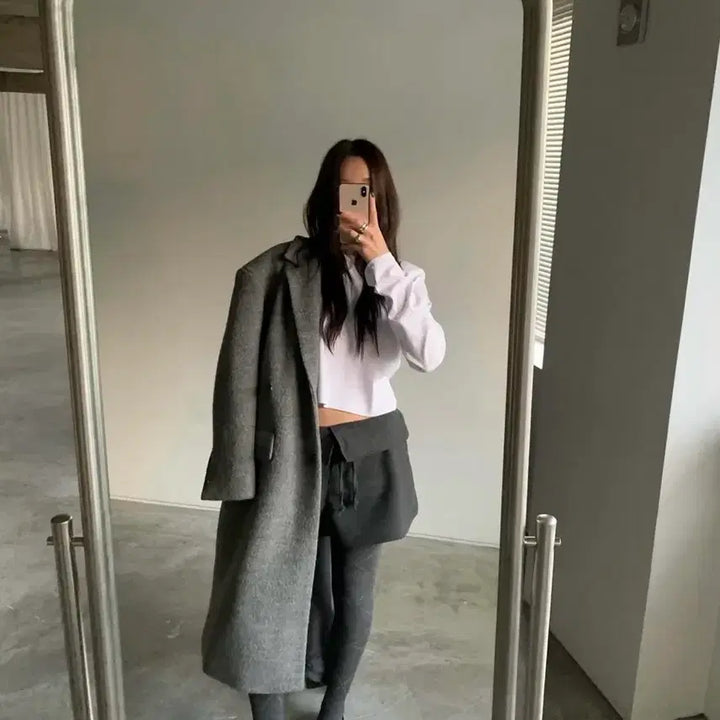 [BUNJANG] Maxi Wool 100% Terry Color Block Oversized Winter Long Coat / 맥시 울 100% 테리 배색포인트 오버핏 한겨울 롱코트 그레이 새상품