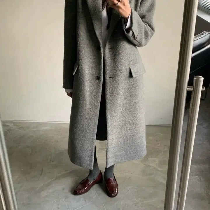 [BUNJANG] Maxi Wool 100% Terry Color Block Oversized Winter Long Coat / 맥시 울 100% 테리 배색포인트 오버핏 한겨울 롱코트 그레이 새상품