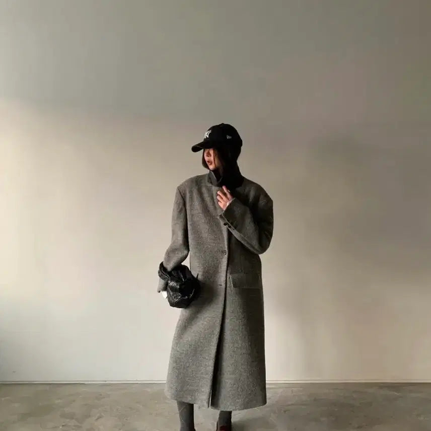 [BUNJANG] Maxi Wool 100% Terry Color Block Oversized Winter Long Coat / 맥시 울 100% 테리 배색포인트 오버핏 한겨울 롱코트 그레이 새상품