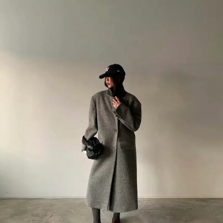 [BUNJANG] Maxi Wool 100% Terry Color Block Oversized Winter Long Coat / 맥시 울 100% 테리 배색포인트 오버핏 한겨울 롱코트 그레이 새상품