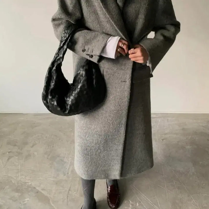 [BUNJANG] Maxi Wool 100% Terry Color Block Oversized Winter Long Coat / 맥시 울 100% 테리 배색포인트 오버핏 한겨울 롱코트 그레이 새상품
