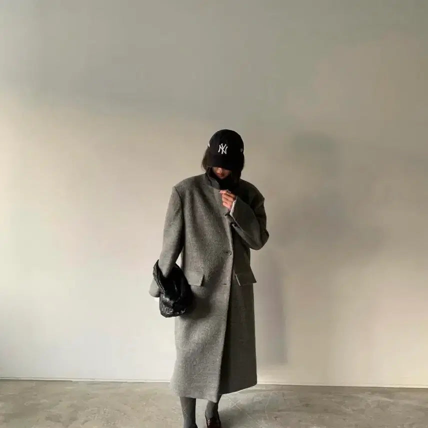 [BUNJANG] Maxi Wool 100% Terry Color Block Oversized Winter Long Coat / 맥시 울 100% 테리 배색포인트 오버핏 한겨울 롱코트 그레이 새상품