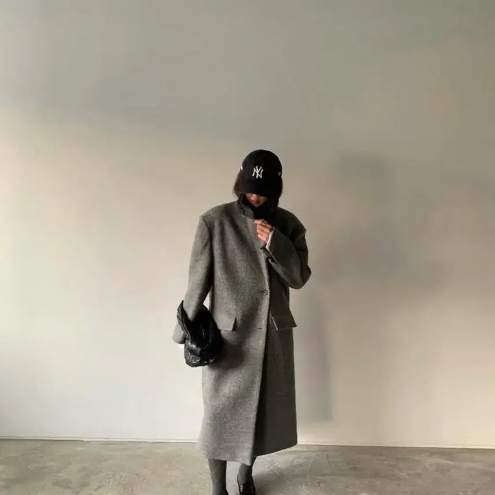 [BUNJANG] Maxi Wool 100% Terry Color Block Oversized Winter Long Coat / 맥시 울 100% 테리 배색포인트 오버핏 한겨울 롱코트 그레이 새상품