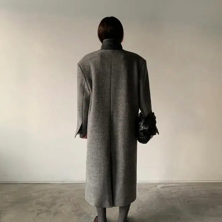 [BUNJANG] Maxi Wool 100% Terry Color Block Oversized Winter Long Coat / 맥시 울 100% 테리 배색포인트 오버핏 한겨울 롱코트 그레이 새상품