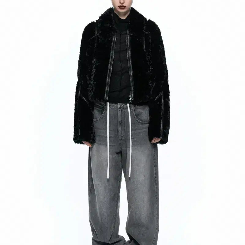 [BUNJANG] Insilence Woman Faux Fur Jacket Black M / 인사일런스 우먼 레더 바인딩 포우 퍼 자켓 점퍼 블랙 M