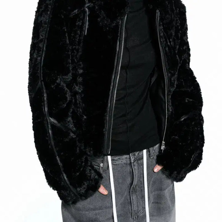 [BUNJANG] Insilence Woman Faux Fur Jacket Black M / 인사일런스 우먼 레더 바인딩 포우 퍼 자켓 점퍼 블랙 M