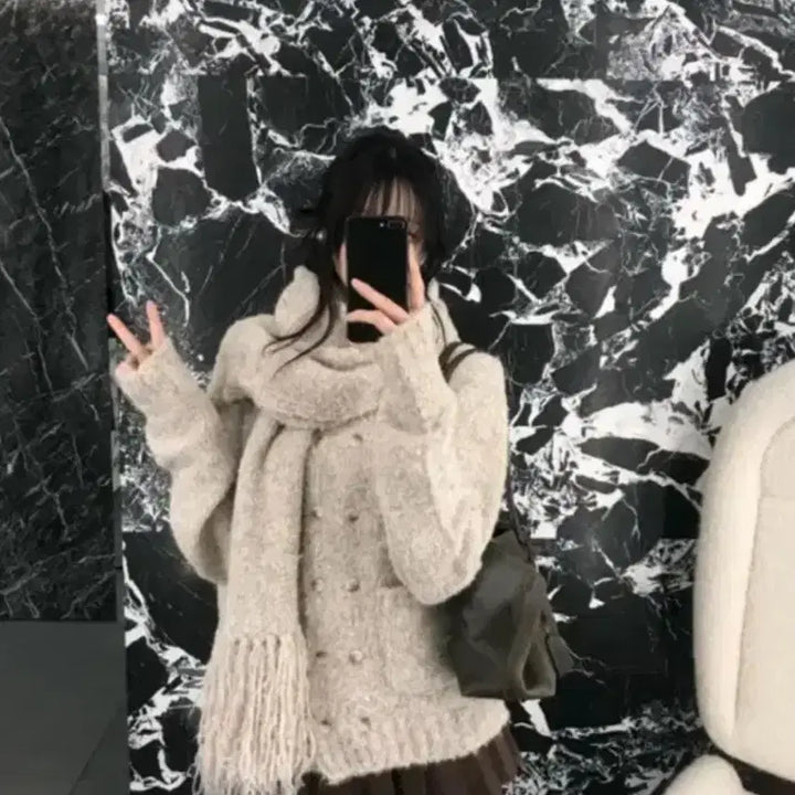 [BUNJANG] La Belle Blanc Double Sailor Knit Cardigan + Muffler Set / (세트판매) 라벨르블랑 더블 세일러 니트 가디건+머플러 세트