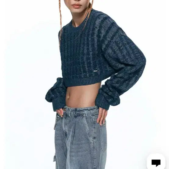 [BUNJANG] In Silence Woman Soft Cable Cropped Knit - Blue / 인사일런스우먼 소프트 케이블 크롭 니트 BLUE